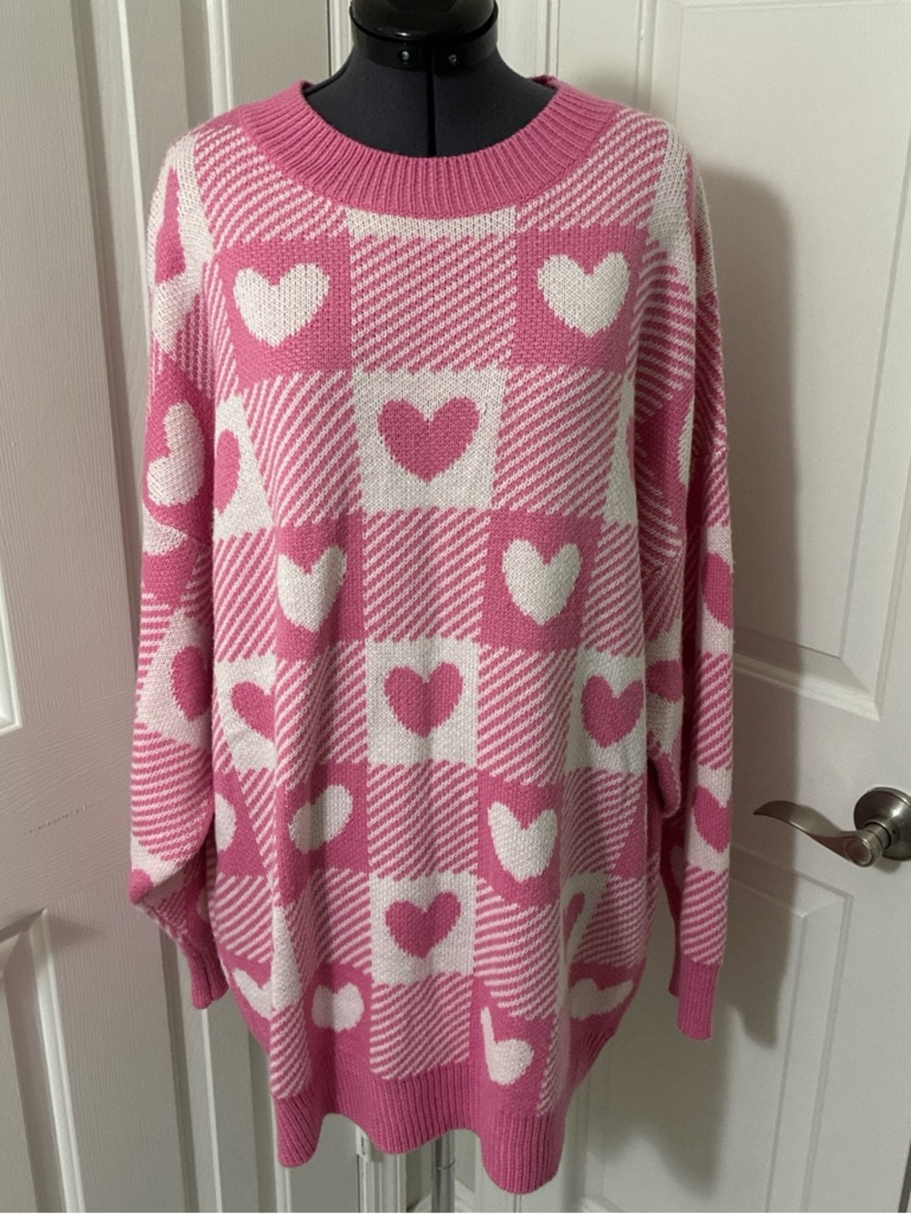 Chrissa Sparkles oversized pink & white gingham hearts sweater